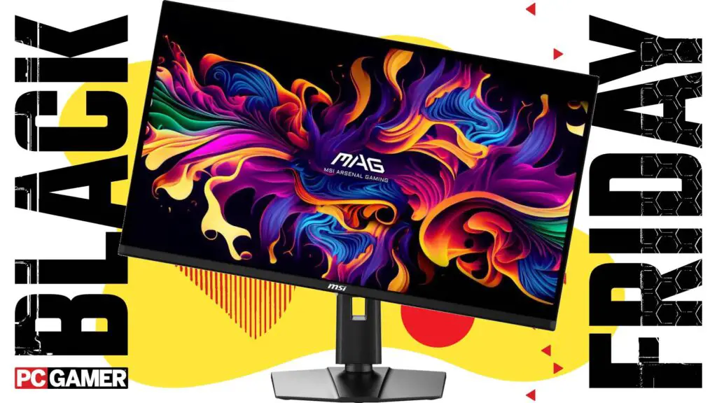 An MSI 321UP OLED gaming monitor on a Black Friday backdrop.