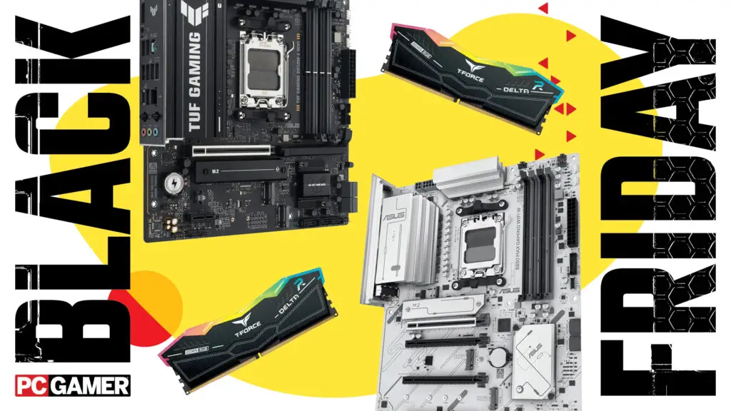 Two motherboards and two sticks of RAM on a yellow background with the words Black Friday on the side.