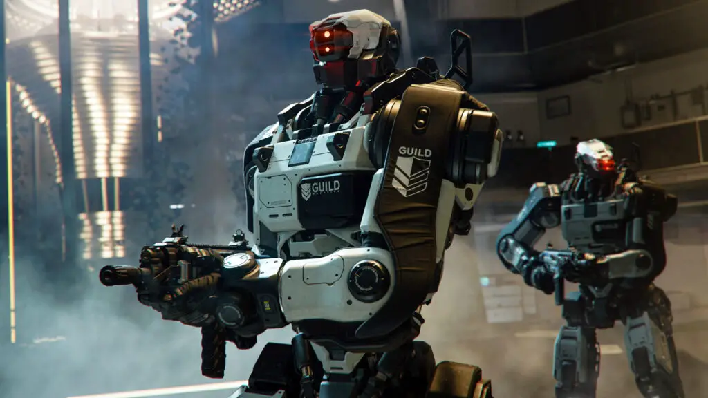 BO7 Overclocks: Two robots with assault rifles walking through a facility.