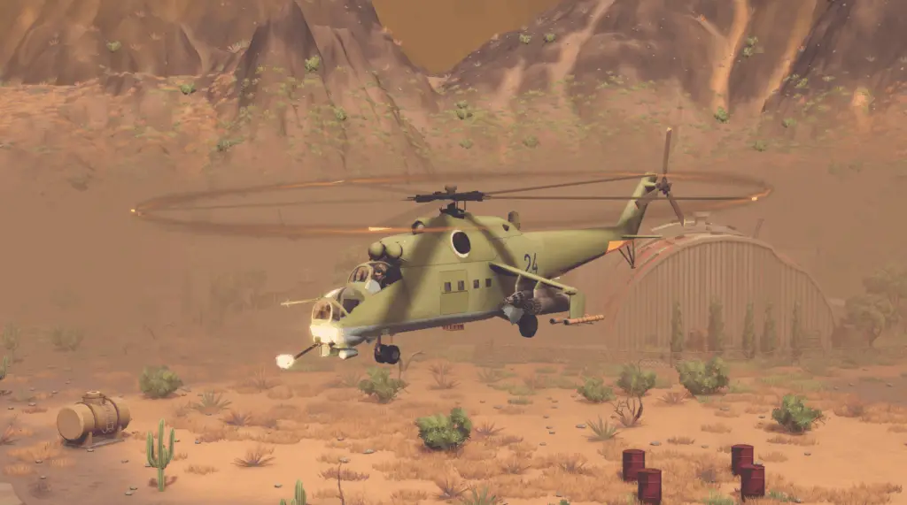 A Hind D helicopter hovers as it fires at a ground target in Cleared Hot.