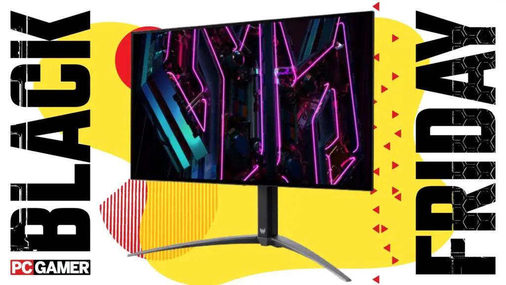 Acer Predator X27U on a yellow background with Black Friday deal text