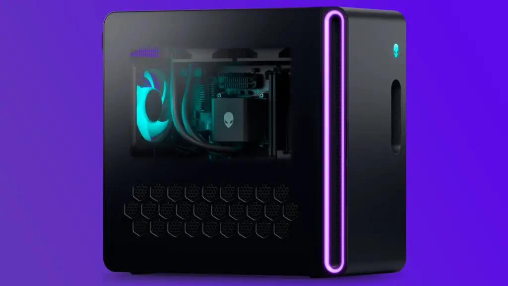An Alienware Aurora desktop PC on a purple gradient background
