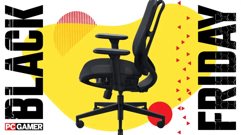 Razer's Fujin gaming chair on a yellow background with the words 'Black' and 'Friday' on either side.