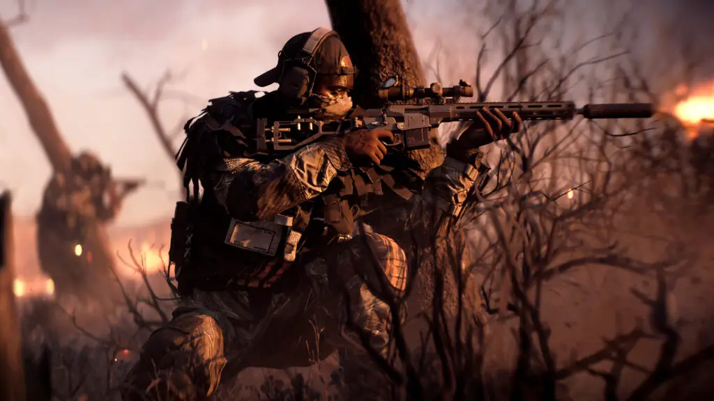 A sniper in Battlefield 6 aiming down sights, showcasing intense gameplay.