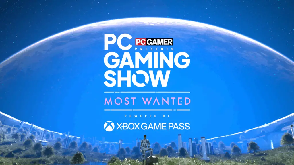 Blue sky over a peaceful cityscape with the words "PC Gamer presents PC Gaming Show: Most Wanted Powered by Xbox Game Pass"