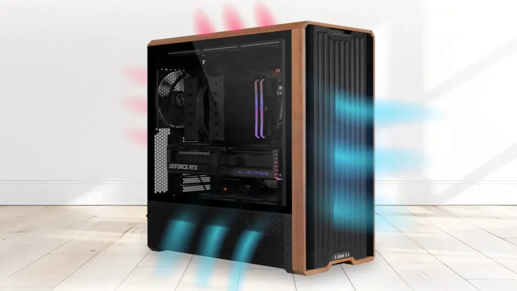 A promotional image for the Lian Li Lancool 217 PC case, using coloured lines to demonstrate the air flow capabilities