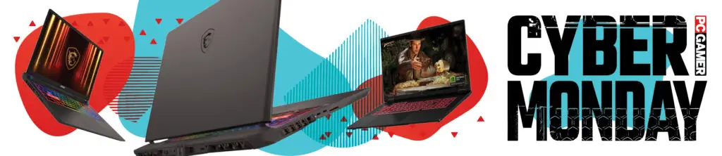 A banner for Cyber Monday gaming laptop deals, showing several MSI and HP machines