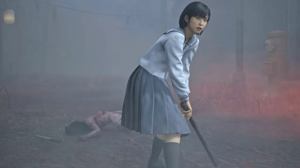 Silent Hill f gameplay screenshot showing a character in a foggy environment