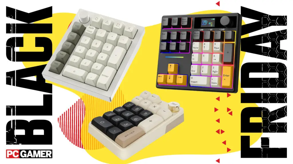 A collage of mechanical number pads from BOYI, Keychron, and Kzzi for Black Friday deals, presented by Digital Tech Explorer