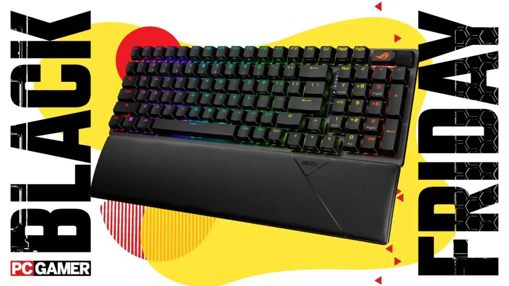 The sleek Asus ROG Strix Scope II 96 Wireless gaming keyboard sits prominently on a vibrant yellow Black Friday background, highlighting its premium design.