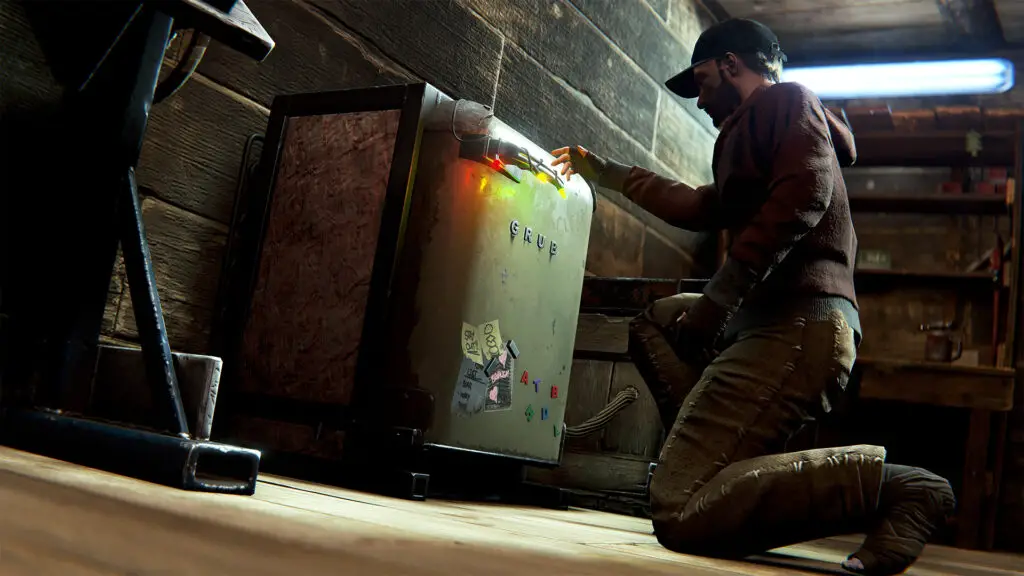 A rust player kneels as he admires his new mini-fridge.