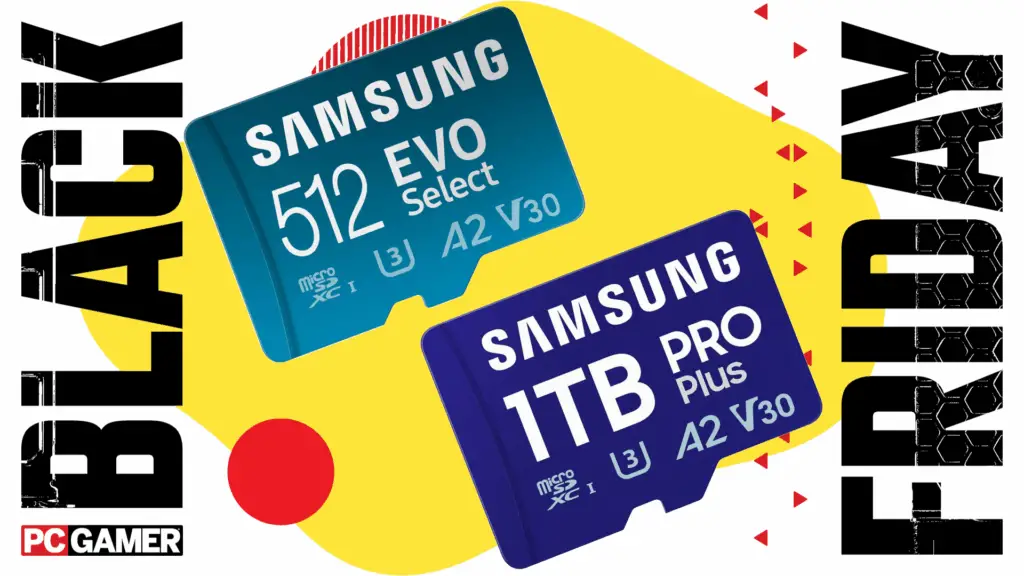 Two Samsung MicroSD cards float in a vibrant blue and purple space, symbolizing great deals.