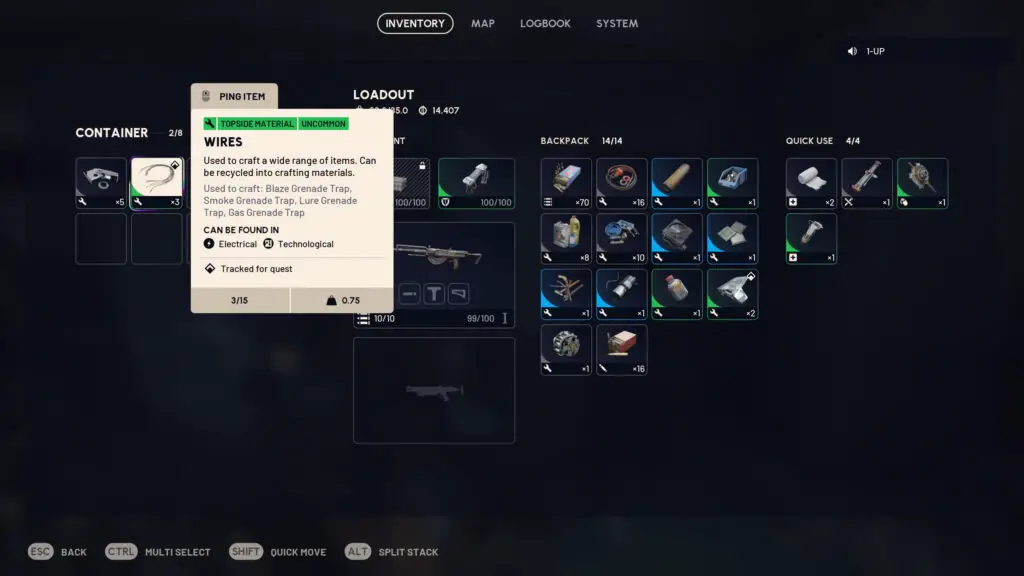 Arc Raiders: Inspecting wires in the player's inventory, giving a description of what the item is, what it's used for, and where you can find them.