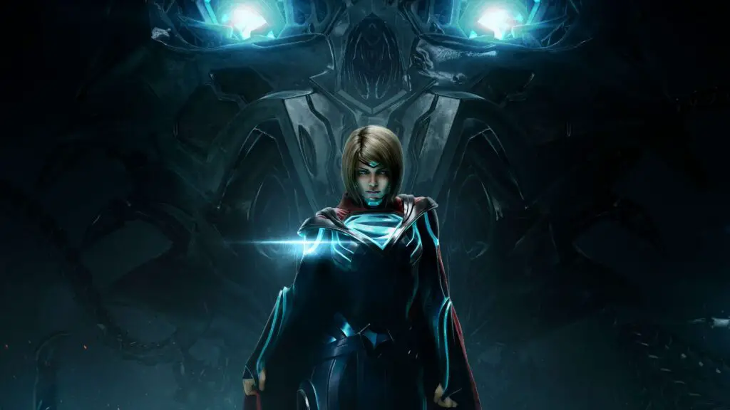 Supergirl with Brainiac's ship looming behind her