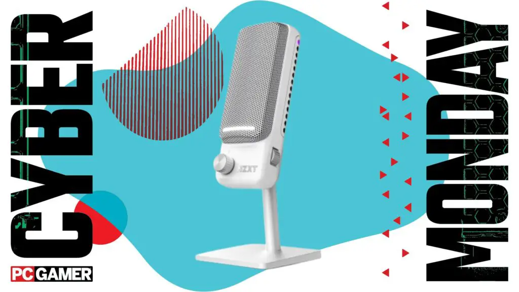 NZXT Capsule Elite microphone on a blue Cyber Monday background