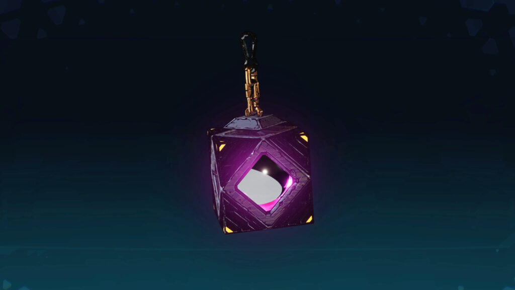 The Undead Eye legendary Vex class mod, depicted as a glowing cube against a dark blue background, highlighting its distinct in-game appearance.