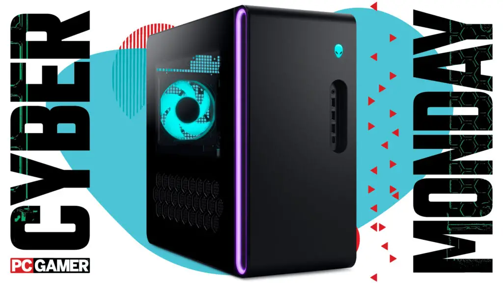 An Alienware Aurora gaming PC on a blue and red Cyber Monday background