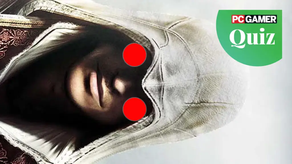 An Assassin's Creed character with a colon punctuation mark where his eyes should be