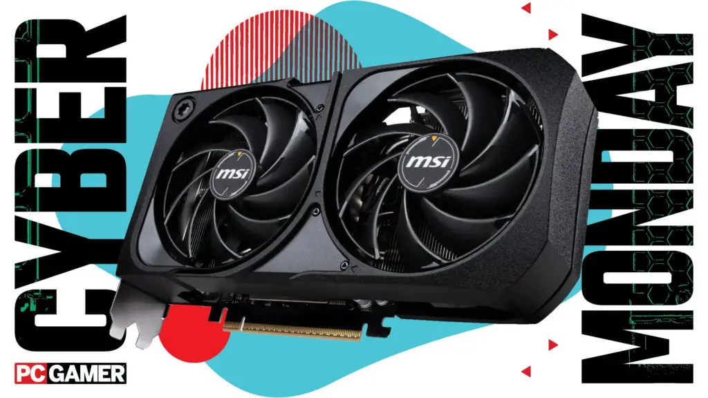 An MSI Shadow Nvidia RTX 5070 graphics card on a blue and red Cyber Monday background