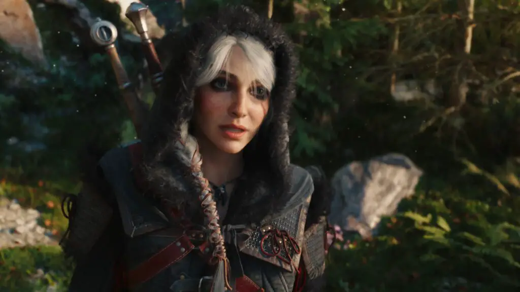 Ciri, a prominent character from The Witcher series, depicted mid-conversation or delivering dialogue, hinting at story-rich gameplay.