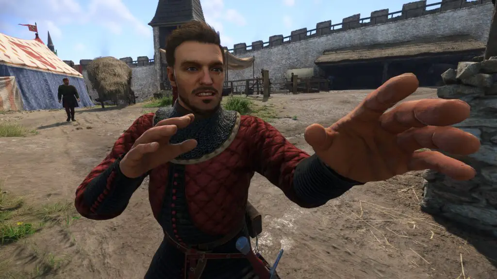 A player character from Kingdom Come: Deliverance 2 in a stealthy pose, suggesting a pacifist playthrough.