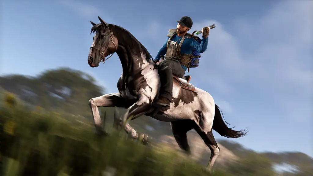 A Rust player rides a horse as it leaps into the air.