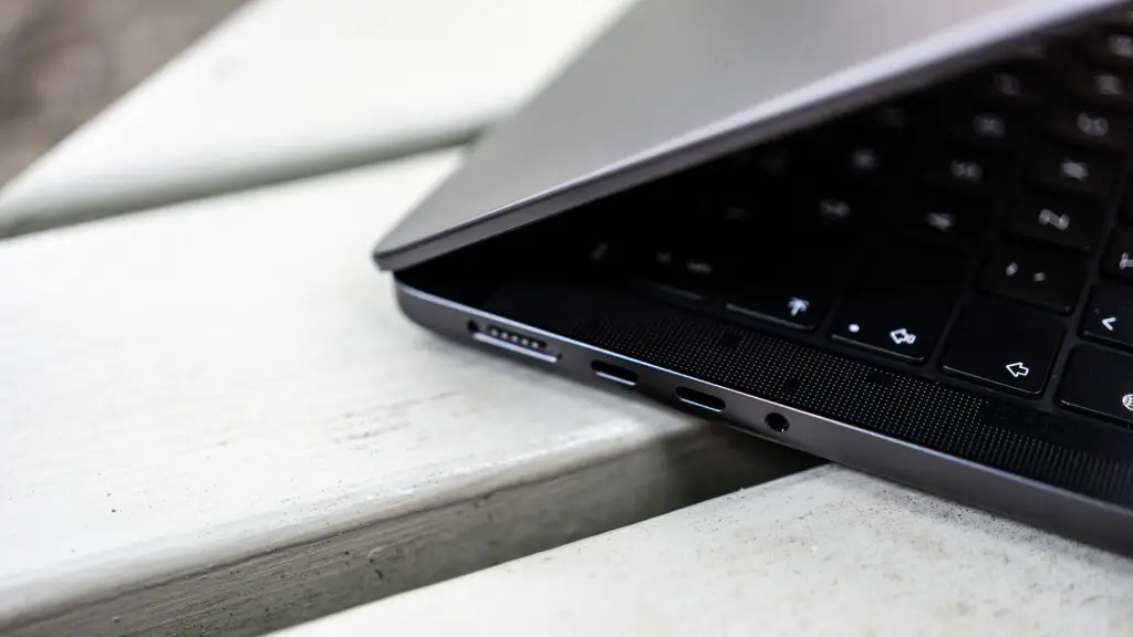 A second perspective of the Apple 14-inch MacBook Pro, highlighting its sleek profile and the powerful M5 chip that drives its performance.