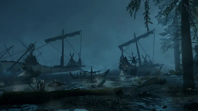 Longships float on the shore of a misty river in Vermintide 2