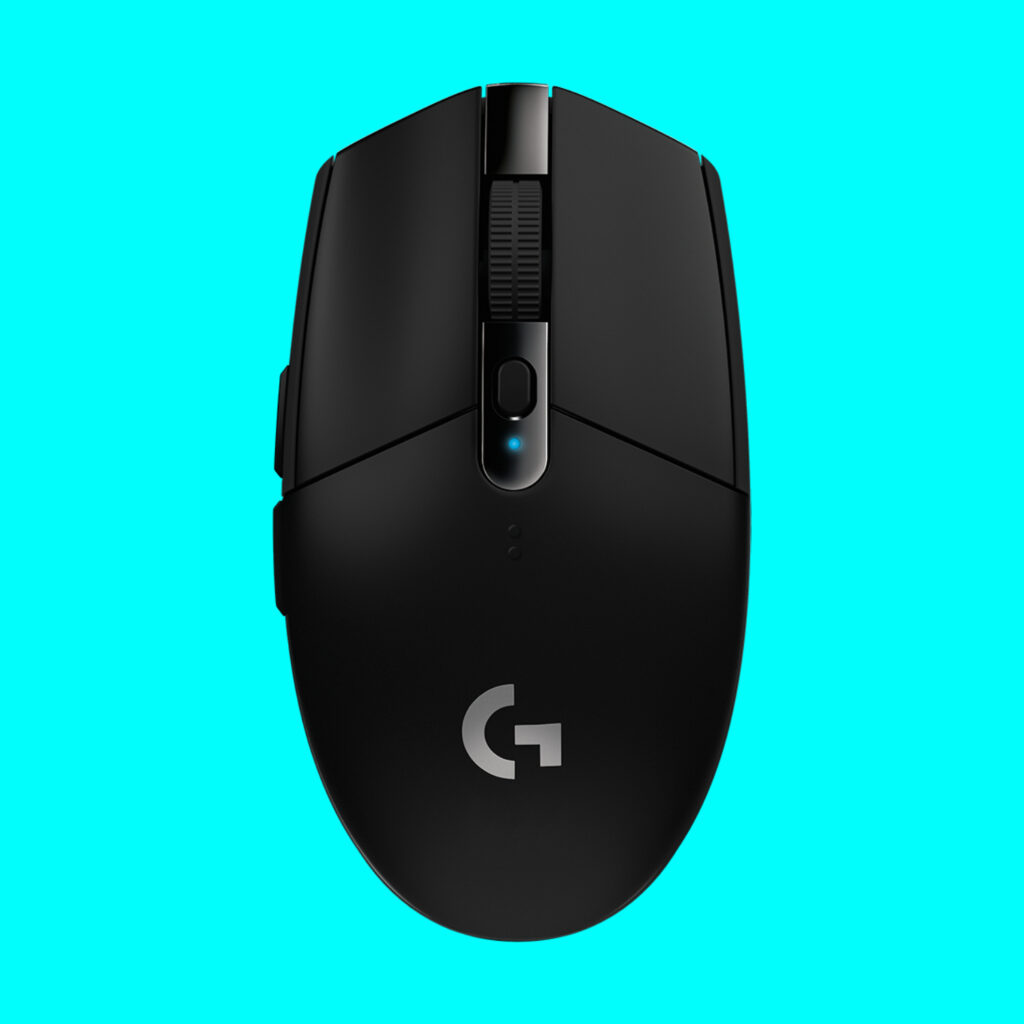 The Logitech G305 Lightspeed gaming mouse on a light blue background