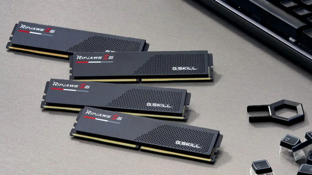 G.Skill's DDR5 Ripjaws S5 memory modules on a steel bench