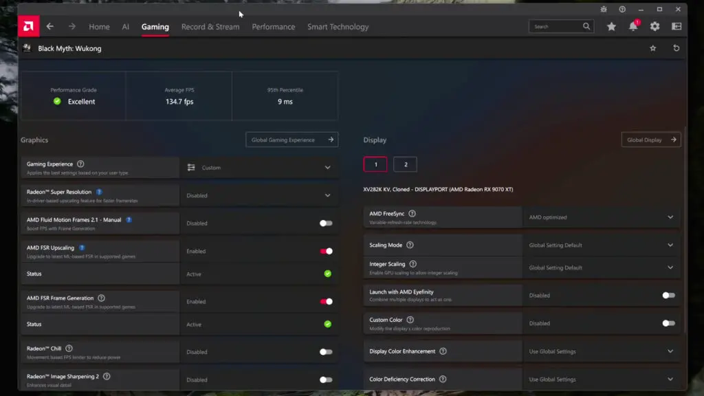 A screenshot of AMD's Adrenalin Software, showing the FSR settings that can be enabled for a game.
