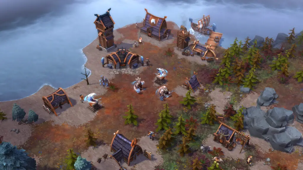 A vibrant Viking village settlement in Northgard with longhouses and surrounding environment.