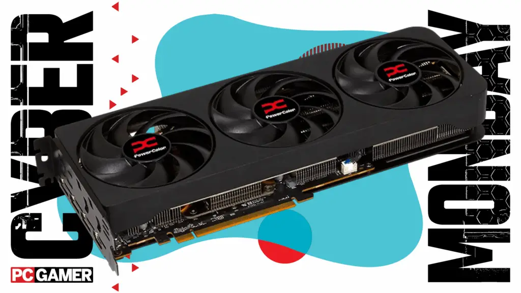 PowerColor RX 9070 Reaper graphics card set against a vibrant blue background, highlighting its design.