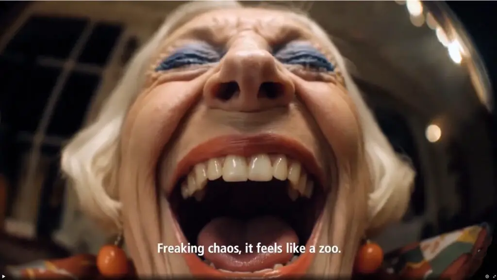 Still of laughing old woman from McDonald's gen AI Christmas ad