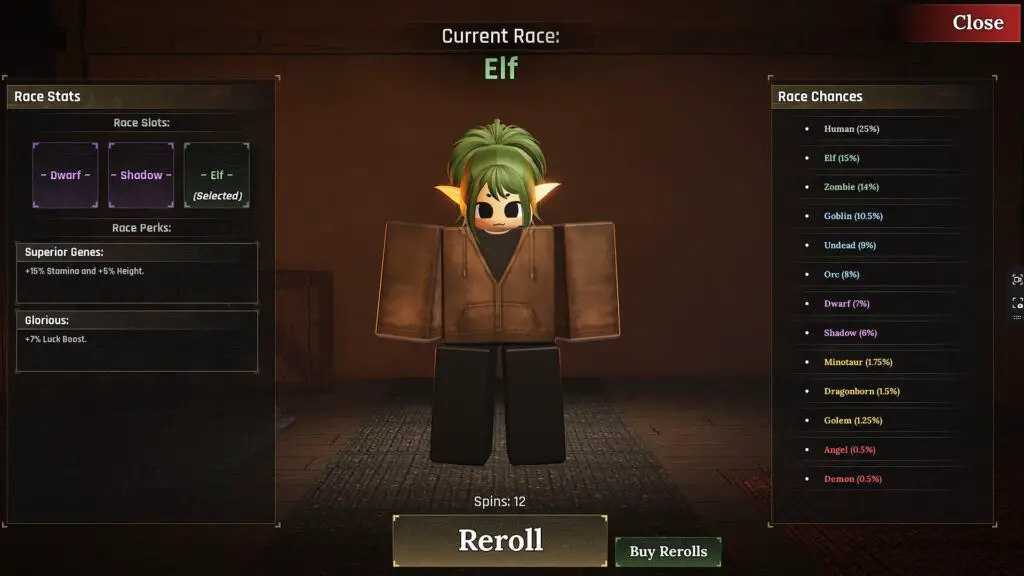 The Forge - Race reroll menu showing a player character with the Elf race equipped