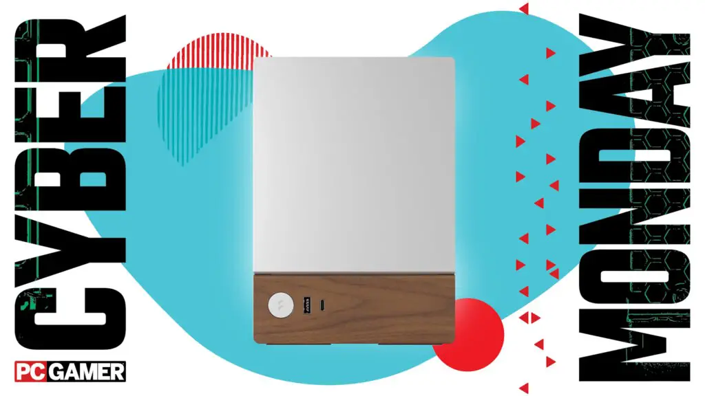 The Fractal Design Terra Mini-ITX case on a vibrant blue Cyber Monday background, highlighting the deal.