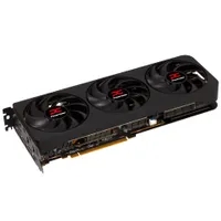 A close-up view of the PowerColor RX 9070 graphics card, highlighting its cooling fans.