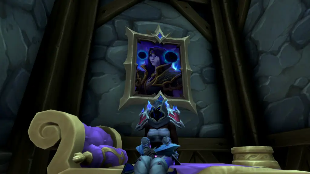 A player sitting on a comfy sofa with a picture of Xal'atath looming overhead in World of Warcraft