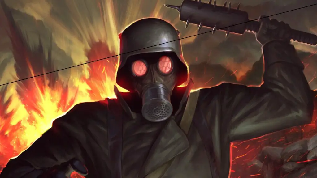 Man in gas mask with fire behind holding old fashioned grenade aloft