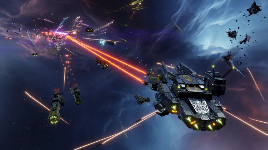 Epic spaceships engaging in a laser battle amidst a galaxy, showcasing the improved visuals in Sins of a Solar Empire 2