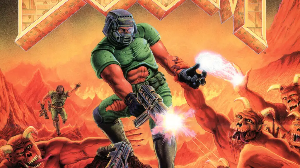 Iconic cover art of the classic video game Doom, featuring the Doom Slayer battling demons in a fiery landscape.