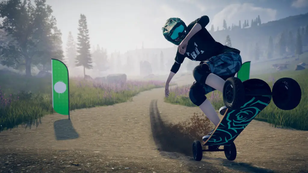 A mountain-boarder races along a dirt track in Descenders Next