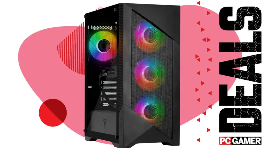 A sleek Yeiyan desktop gaming PC, displayed against a dynamic, colorful background, with a 'Deals' graphic and PC Gamer logo visible, highlighting its value proposition.
