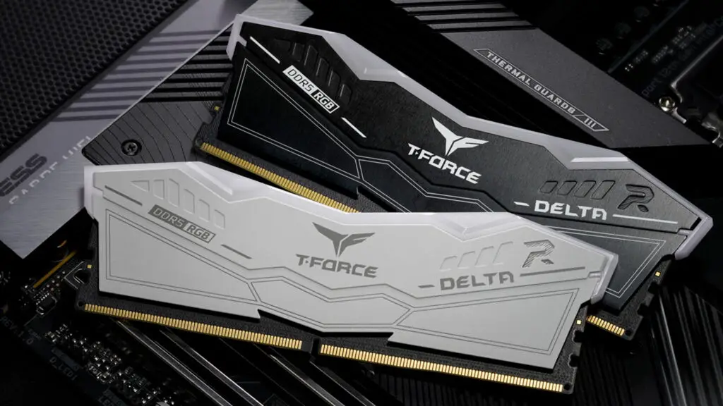 A close-up image of Teamgroup T-Force Delta DDR5-6400 RAM modules, showcasing their design and lighting.