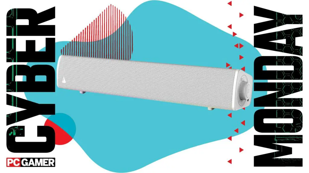 Creative Sound Blaster GS3 gaming soundbar on a tech-themed background