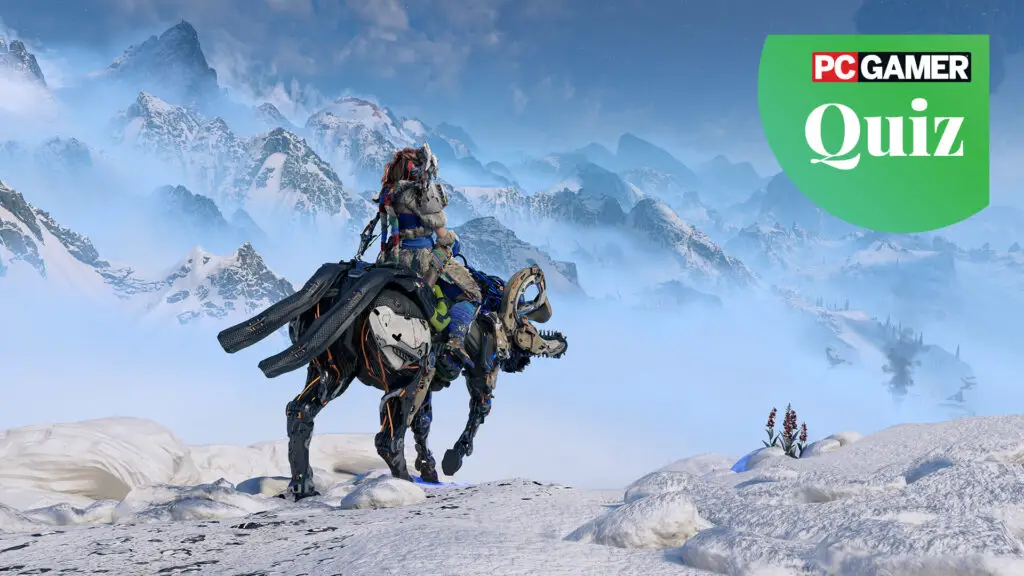 Aloy riding a robot mount through a snowy landscape in Horizon: Zero Dawn.