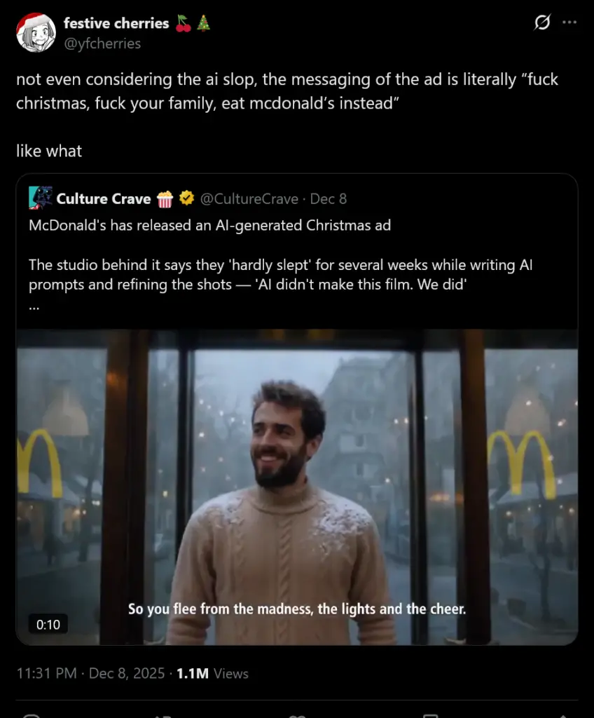 Not even considering the AI slop, the message of the ad is literally 