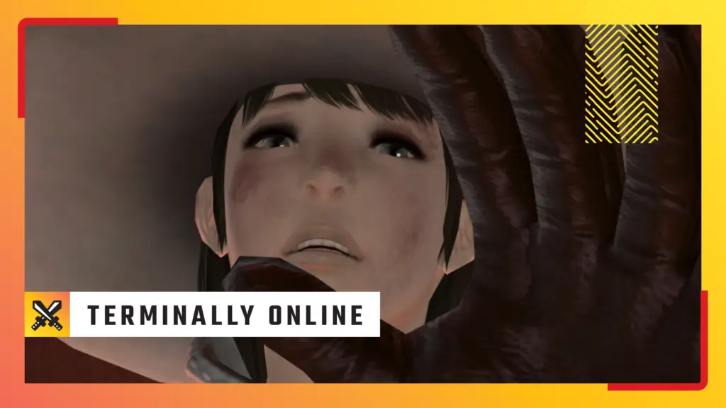An image of Edda, a white mage in Final Fantasy 14, desperately reaching out to the screen - overlaid with PC Gamer's Terminally Online art.