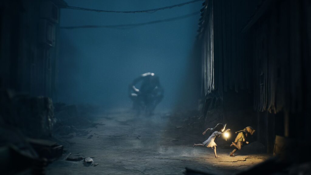 A shadowy figure lurking in the background of an alleyway while the protagonists run across the foreground in Reanimal