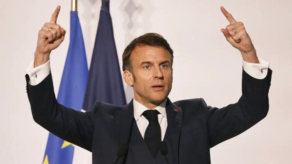 France's President Emmanuel Macron addresses a speech during a meeting with senior government officials in Paris on March 12, 2024.